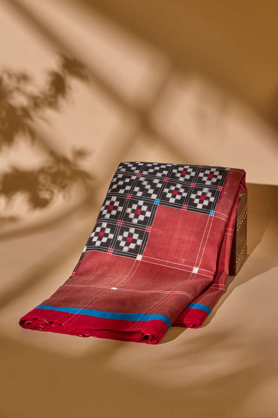 Dark Red Pure Silk Linen Ikat Saree