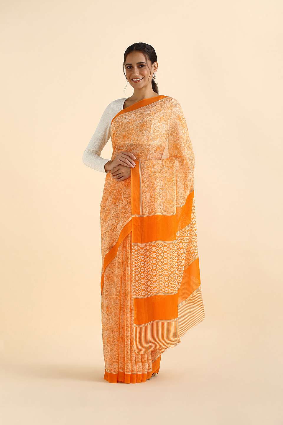 Light Orange Viscose Georgette Printed Saree