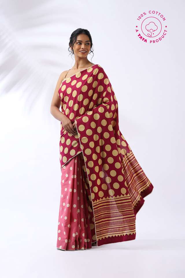 Maroon Pure Cotton Hand Printed Saree image number