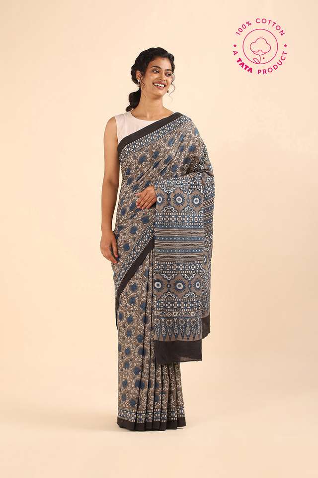 Grey Pure Cotton Ajrakh Printed Saree image number