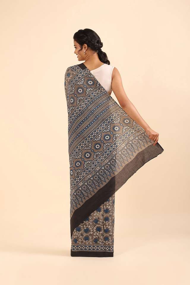 Grey Pure Cotton Ajrakh Printed Saree thumbnail image number null