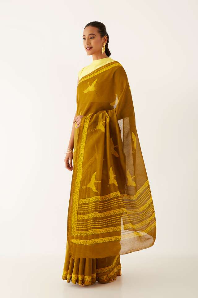 Dark Yellow Pure Silk Cotton Bagru Printed Saree thumbnail image number null