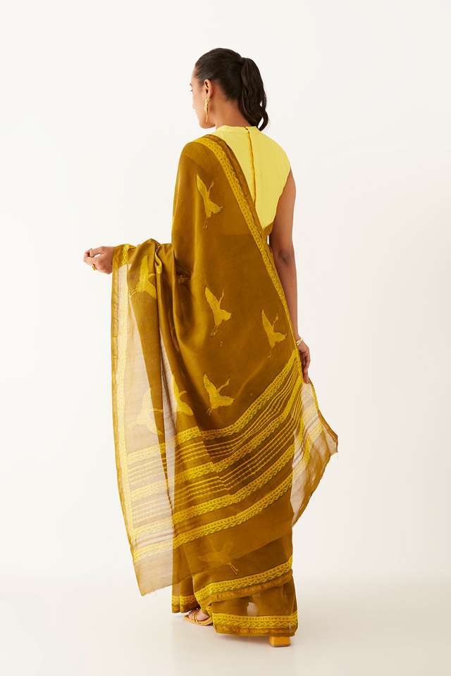 Dark Yellow Pure Silk Cotton Bagru Printed Saree thumbnail image number null