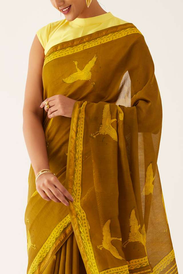 Dark Yellow Pure Silk Cotton Bagru Printed Saree thumbnail image number null