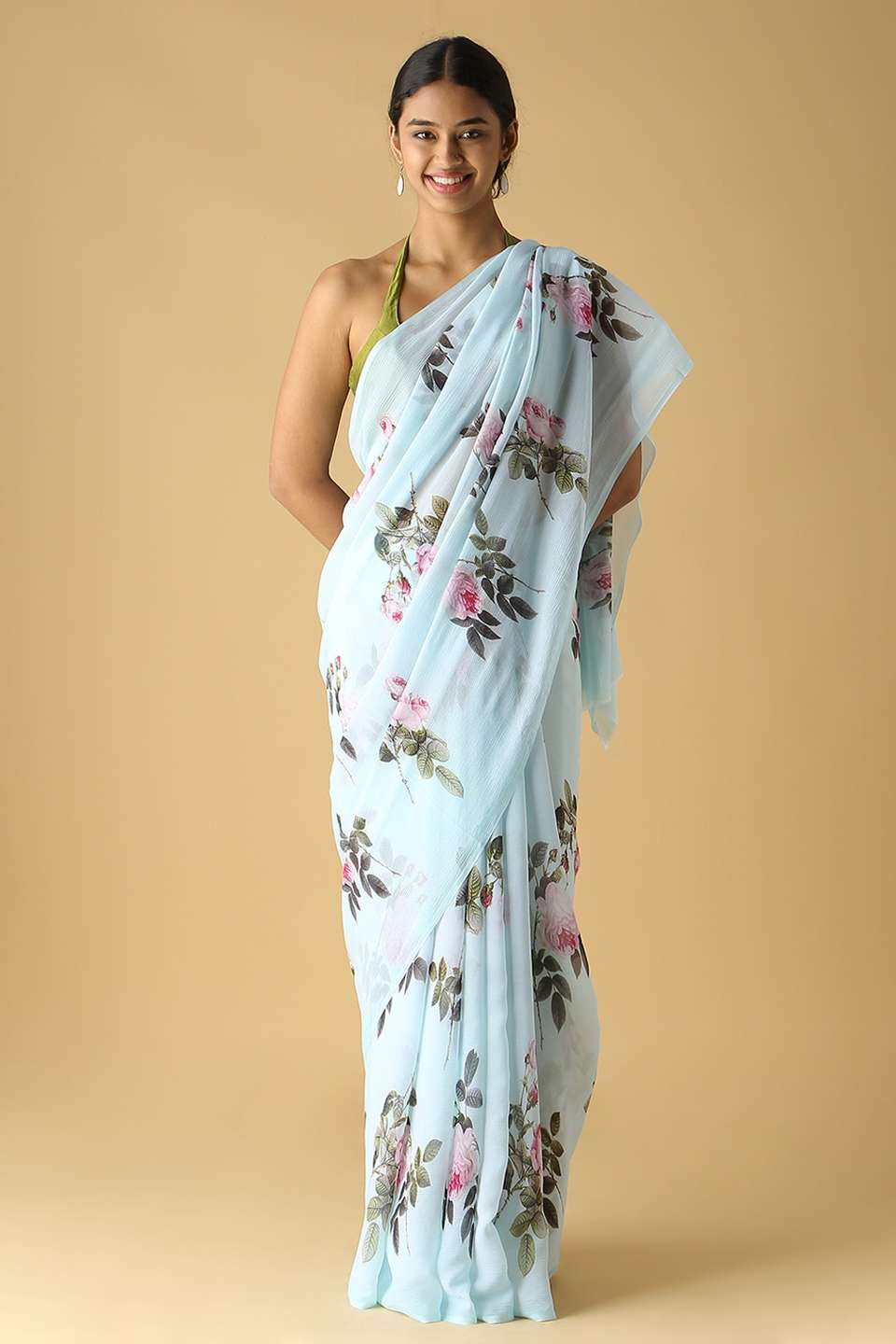Light Blue Pure Chiffon Digital Printed Saree