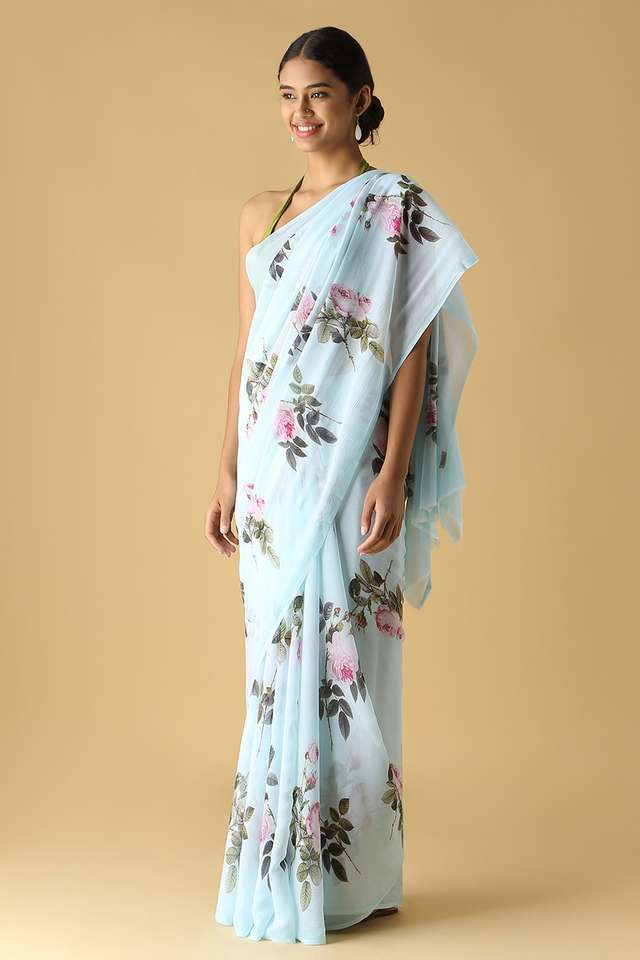 Light Blue Pure Chiffon Digital Printed Saree thumbnail image number null