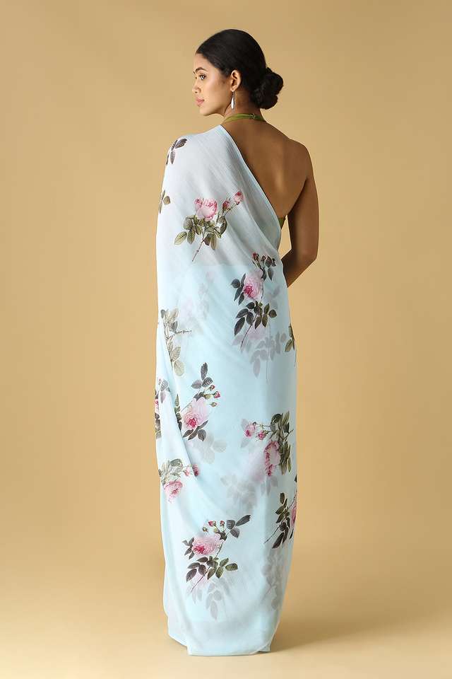 Light Blue Pure Chiffon Digital Printed Saree thumbnail image number null