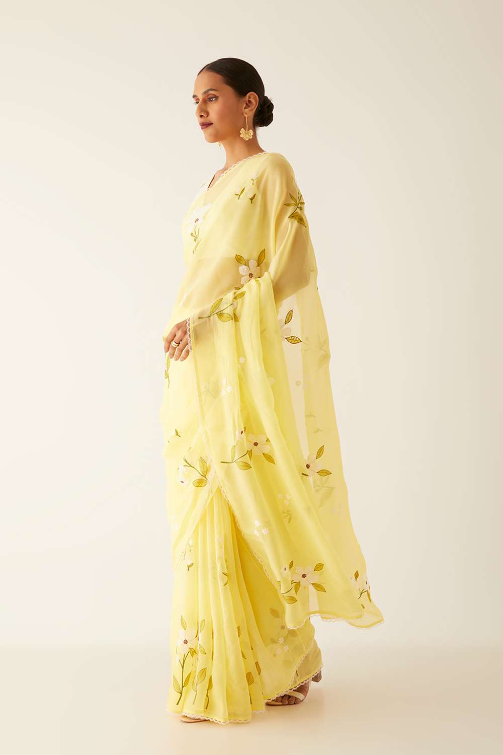 Yellow Viscose Organza Embroidered Saree image number null