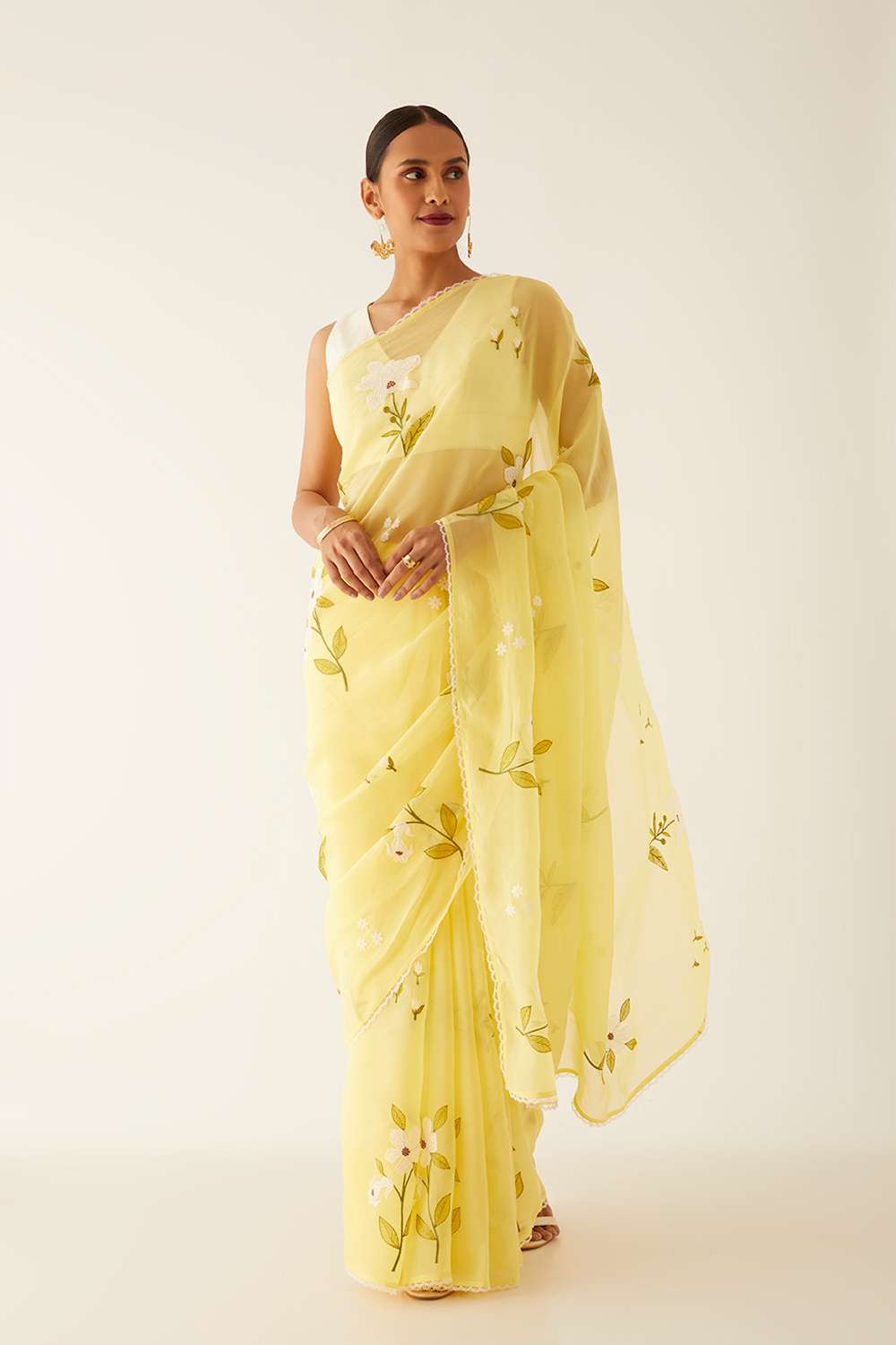 Yellow Viscose Organza Embroidered Saree image number null