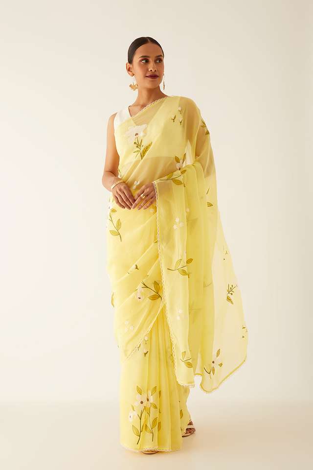 Yellow Viscose Organza Embroidered Saree thumbnail image number null