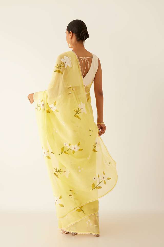 Yellow Viscose Organza Embroidered Saree thumbnail image number null