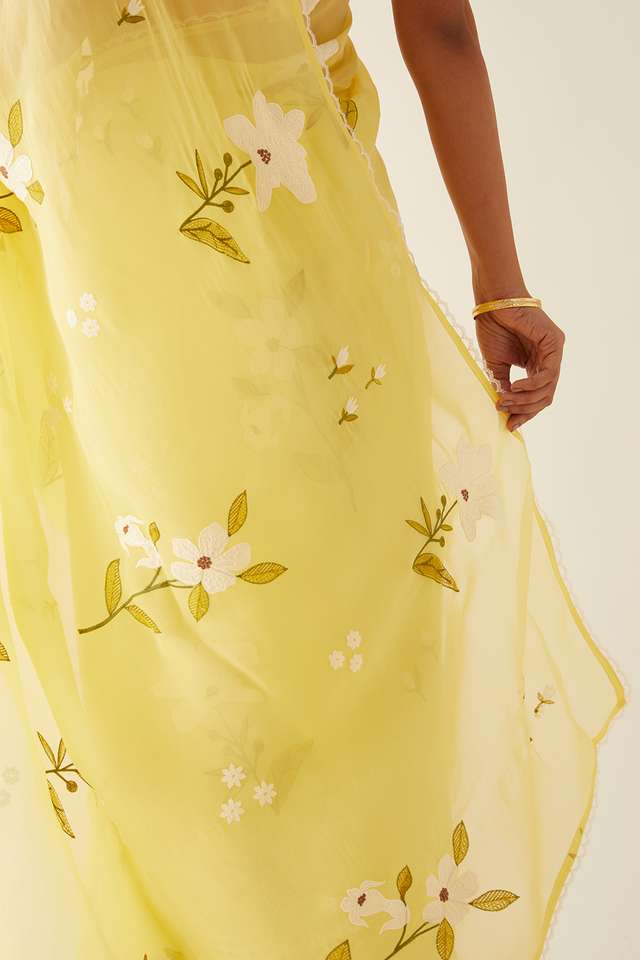 Yellow Viscose Organza Embroidered Saree thumbnail image number null