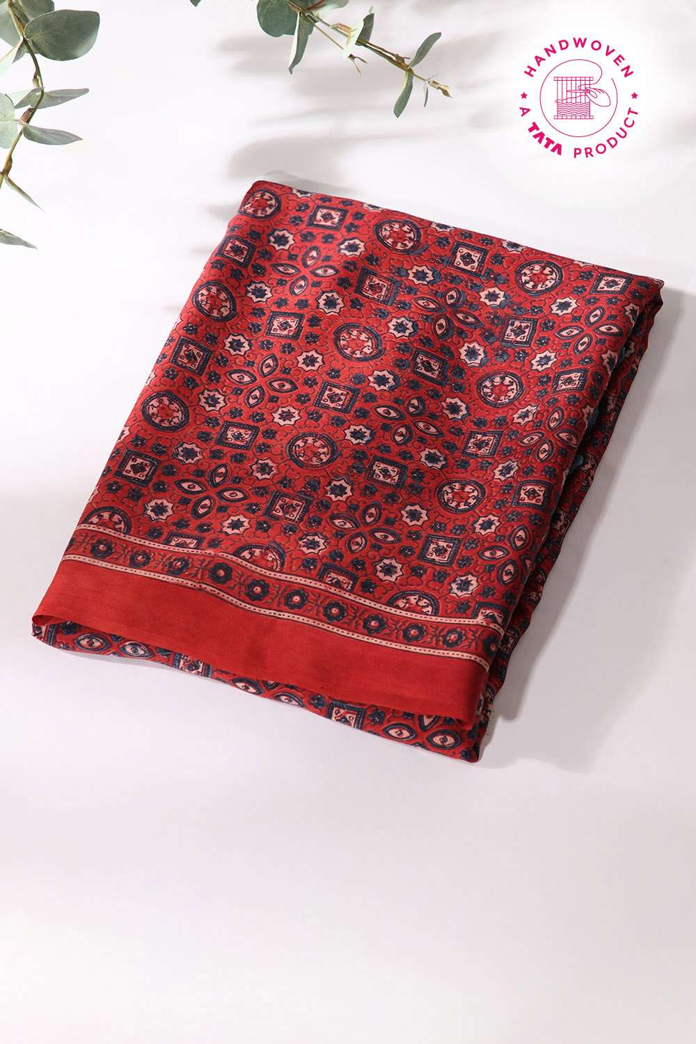 Dark Red Pure Silk Ajrakh Printed Saree image number null