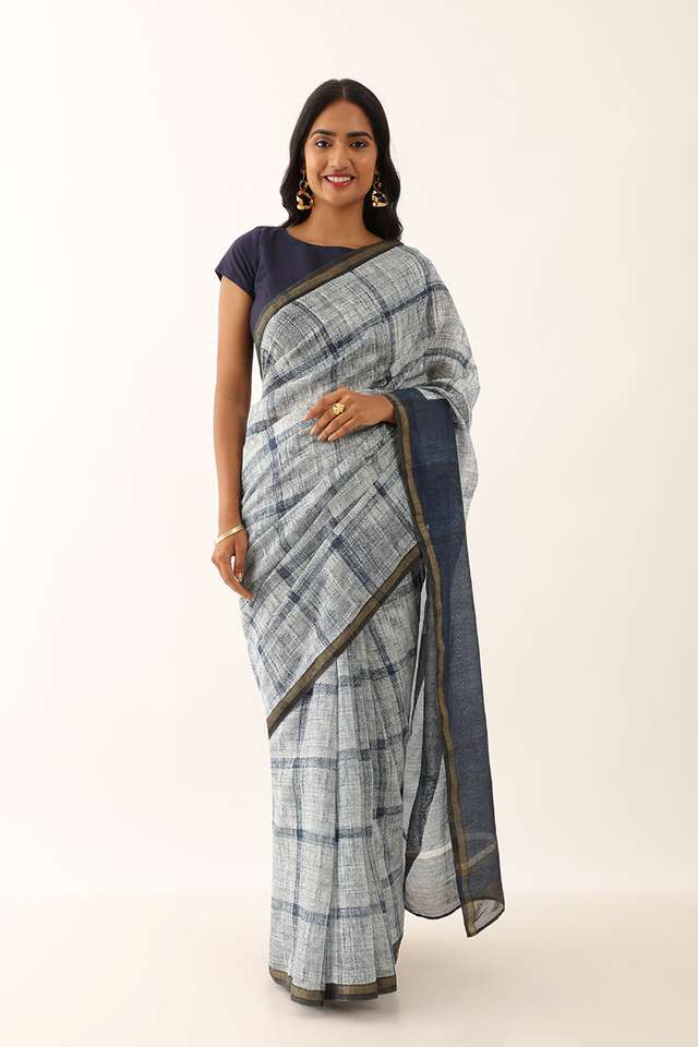 Light Blue Pure Silk Cotton Block Printed Saree thumbnail image number null