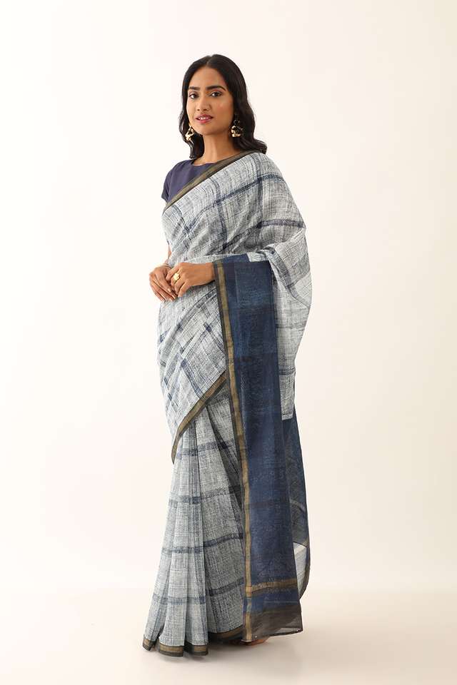 Light Blue Pure Silk Cotton Block Printed Saree thumbnail image number null