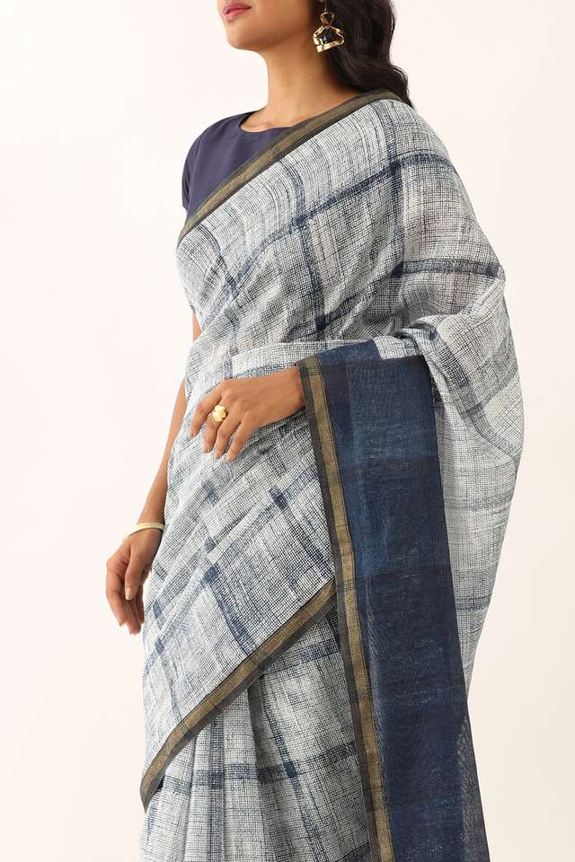 Light Blue Pure Silk Cotton Block Printed Saree thumbnail image number null