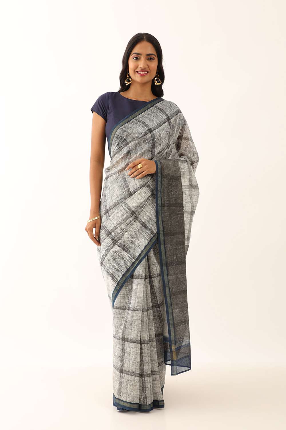 Off White Pure Silk Cotton Block Printed Saree image number null