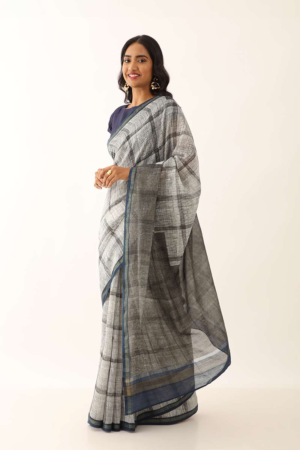Off White Pure Silk Cotton Block Printed Saree image number null