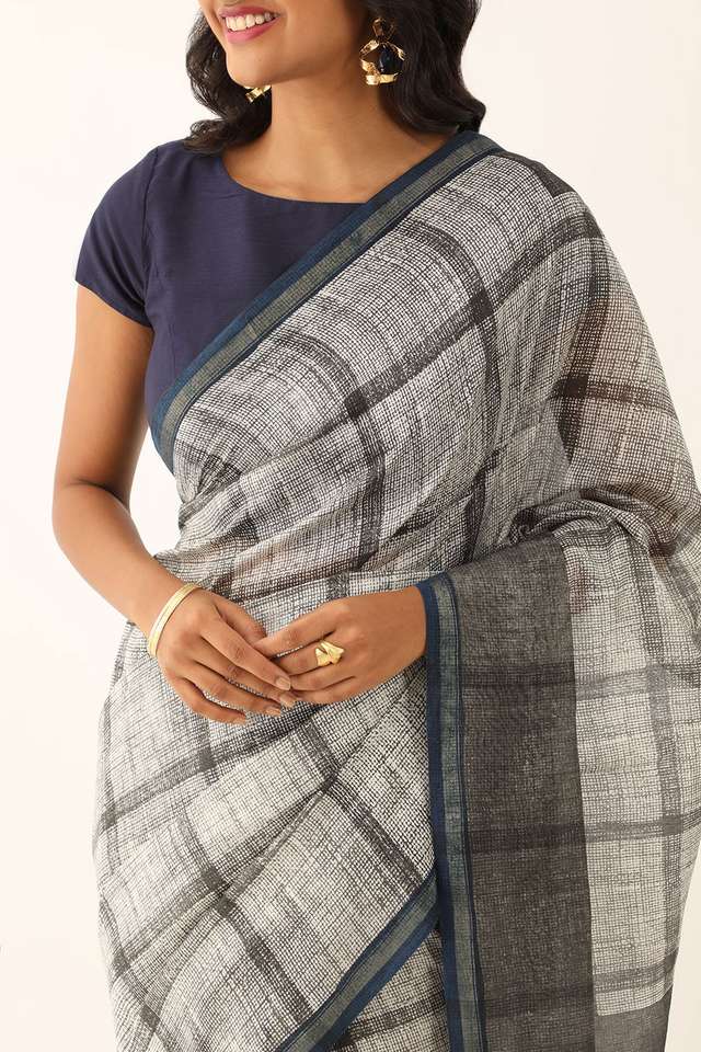 Off White Pure Silk Cotton Block Printed Saree thumbnail image number null