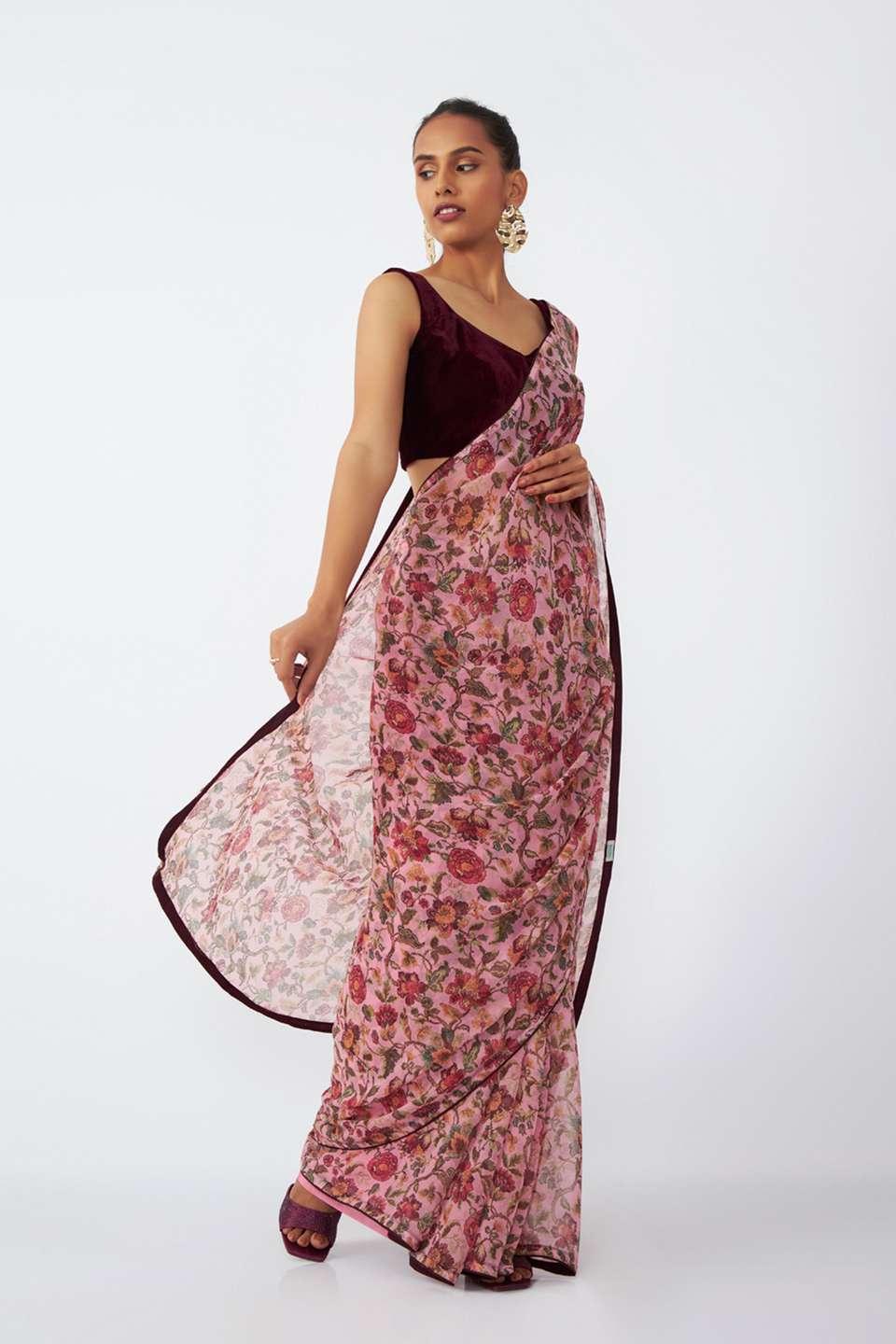 Pink Viscose Chiffon Digital Printed Saree