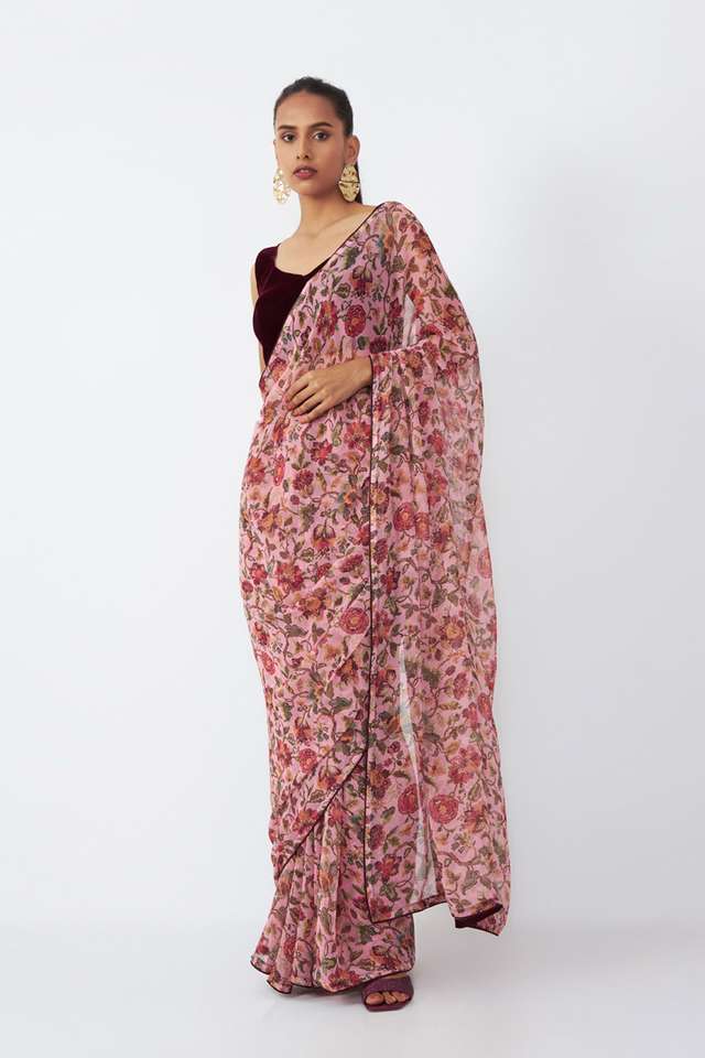Pink Viscose Chiffon Digital Printed Saree thumbnail image number null