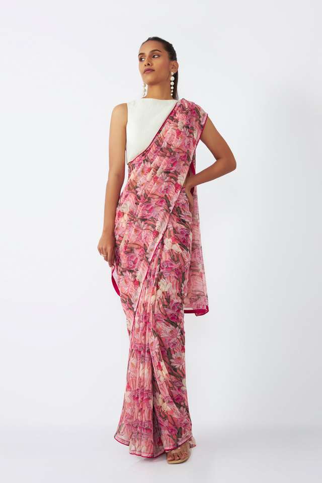 Pink Viscose Chiffon Digital Printed Saree image number