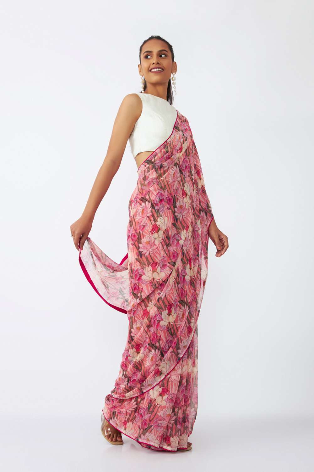 Pink Viscose Chiffon Digital Printed Saree image number null
