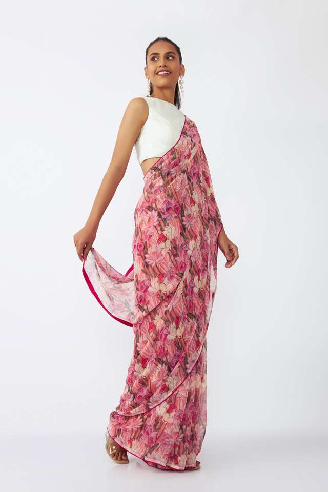 Pink Viscose Chiffon Digital Printed Saree thumbnail image number null