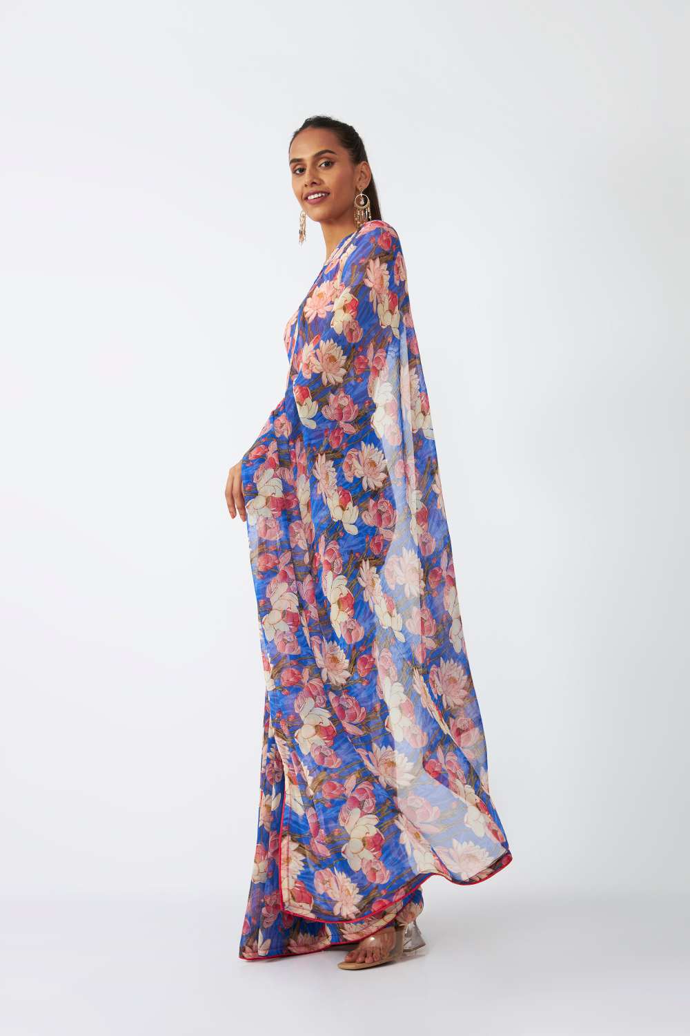 Blue Viscose Chiffon Digital Printed Saree image number null