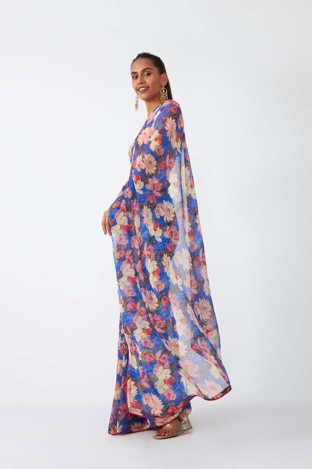 Blue Viscose Chiffon Digital Printed Saree thumbnail image number null