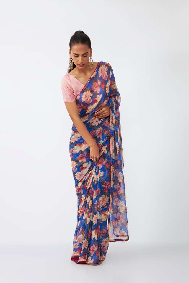 Blue Viscose Chiffon Digital Printed Saree thumbnail image number null