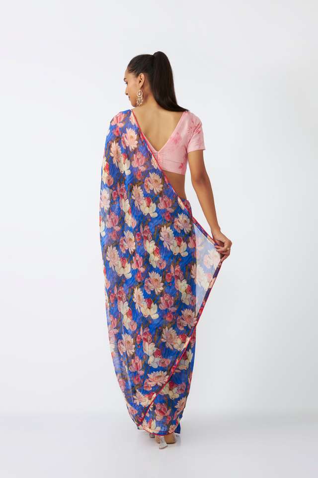 Blue Viscose Chiffon Digital Printed Saree thumbnail image number null