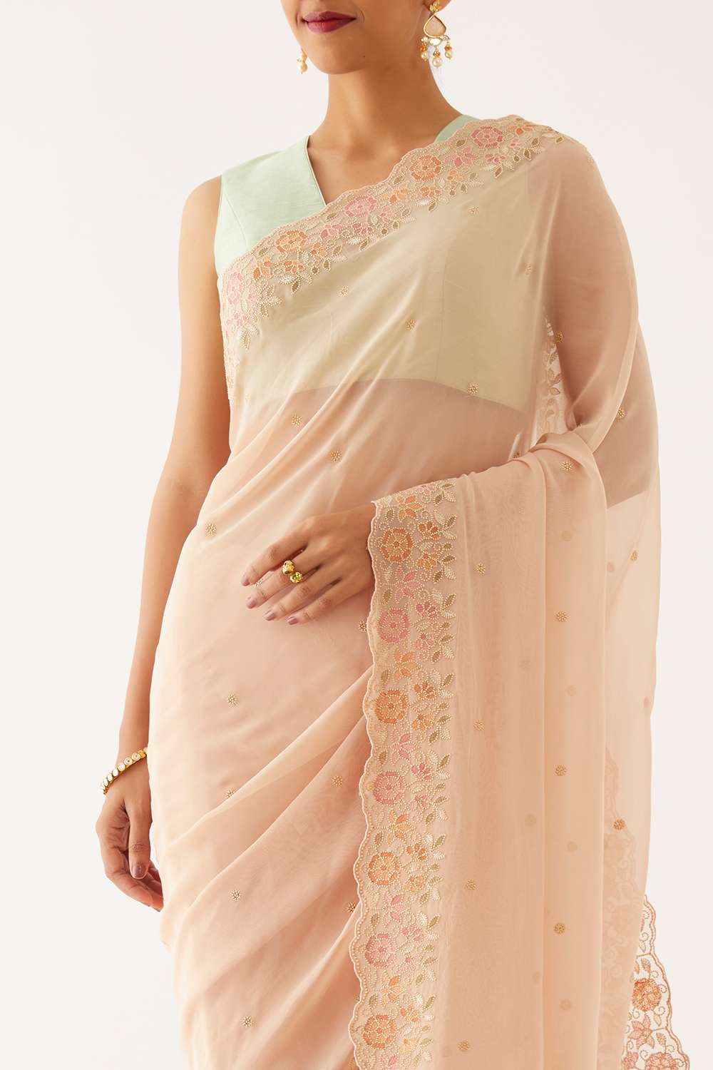 Light Beige Viscose Georgette Embroidered Saree image number null