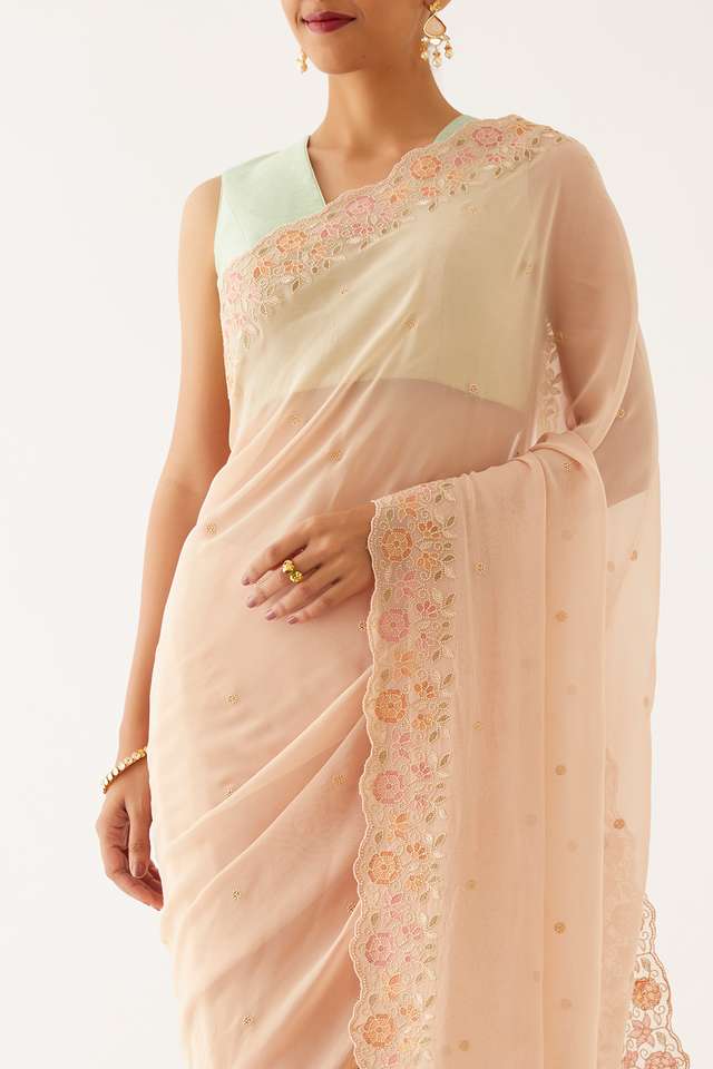 Light Beige Viscose Georgette Embroidered Saree image number