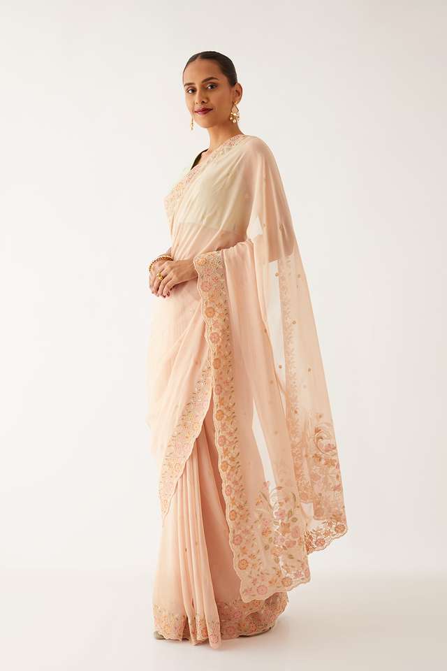 Light Beige Viscose Georgette Embroidered Saree thumbnail image number null