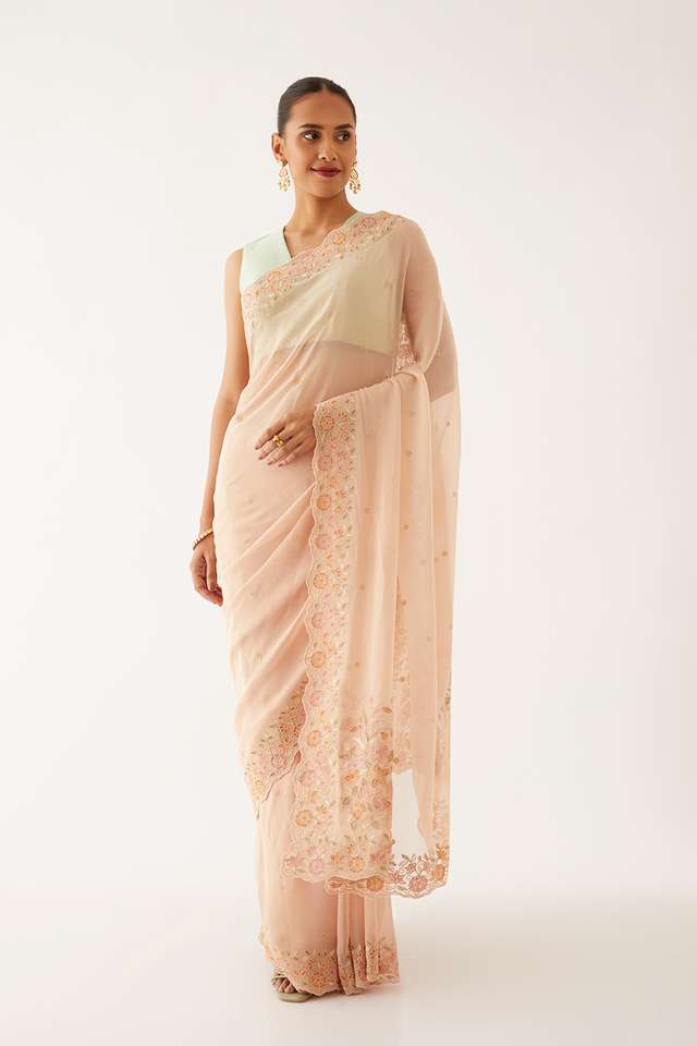 Light Beige Viscose Georgette Embroidered Saree thumbnail image number null