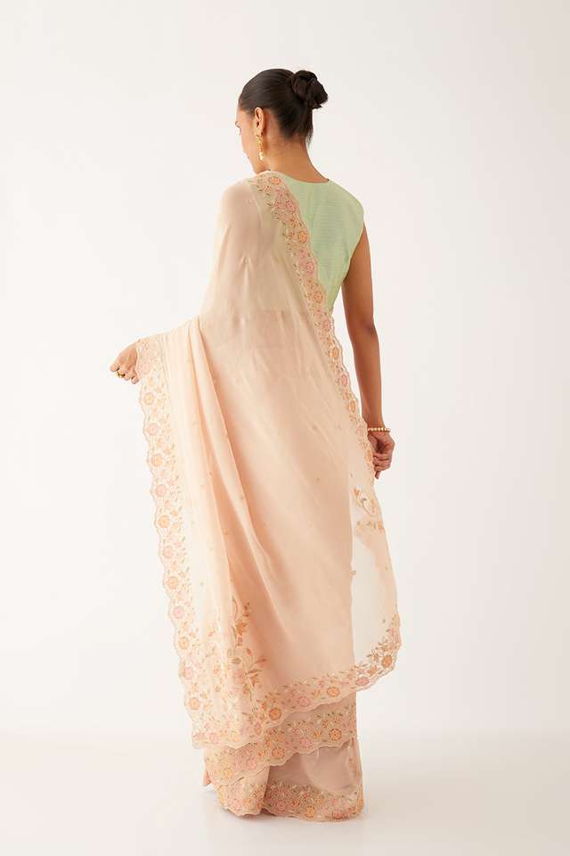 Light Beige Viscose Georgette Embroidered Saree thumbnail image number null