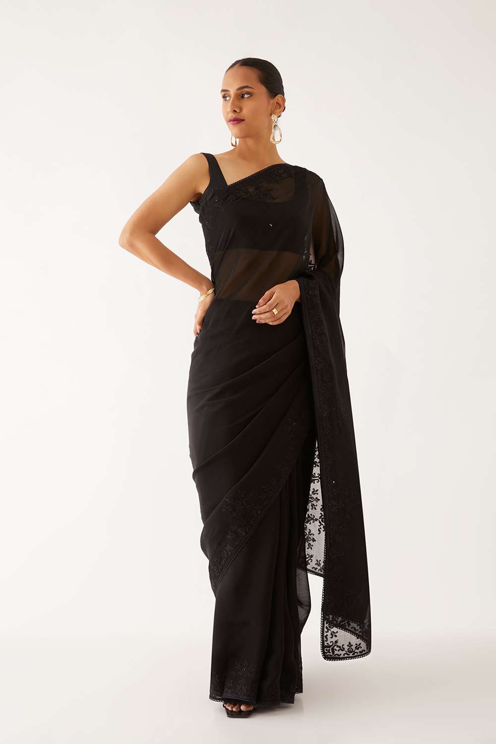 Black Viscose Organza Applique Saree image number null
