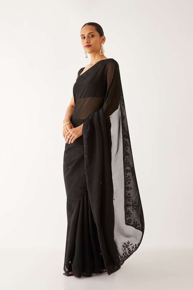 Black Viscose Organza Applique Saree thumbnail image number null