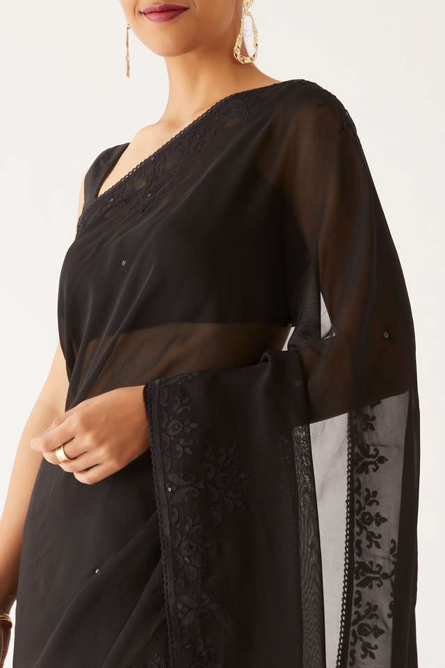 Black Viscose Organza Applique Saree thumbnail image number null