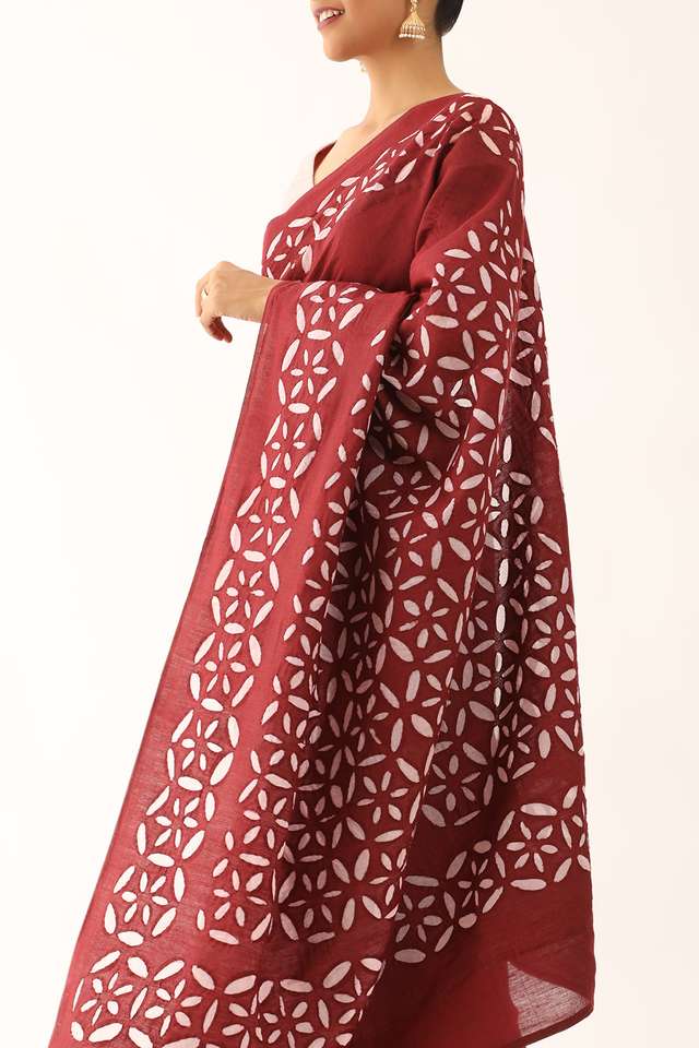 Dark Red Craft Pure Tussar Silk Applique Saree image number