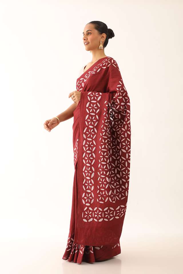Dark Red Craft Pure Tussar Silk Applique Saree thumbnail image number null
