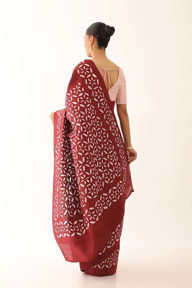 Dark Red Craft Pure Tussar Silk Applique Saree thumbnail image number null