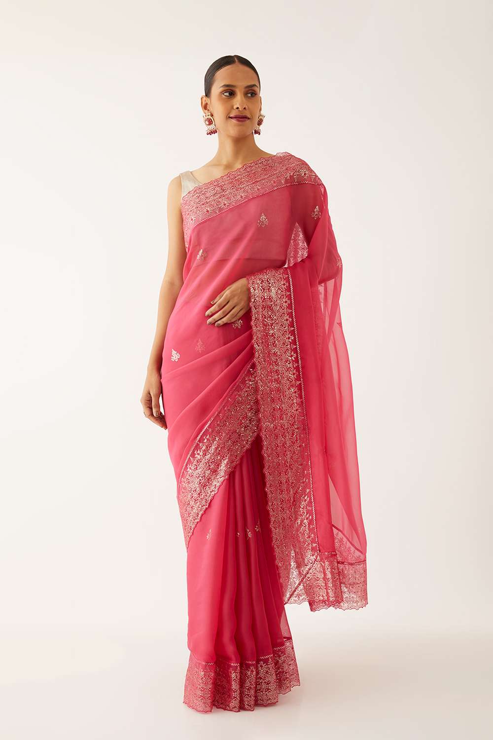 Dark Pink Viscose Organza Embroidered Saree image number null