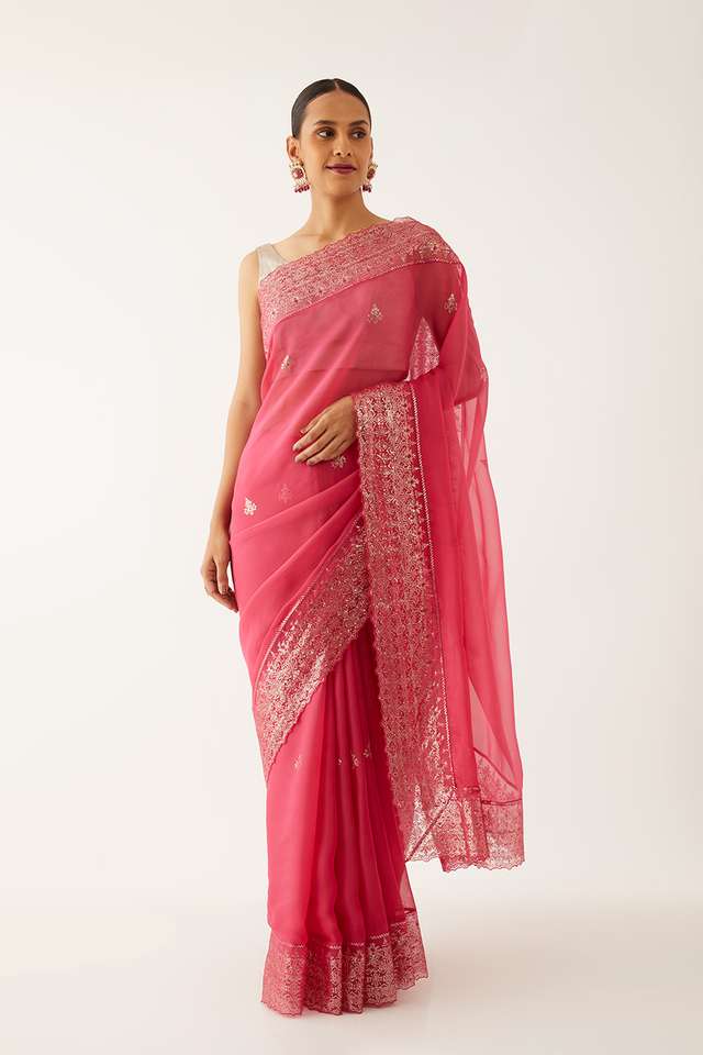 Dark Pink Viscose Organza Embroidered Saree image number