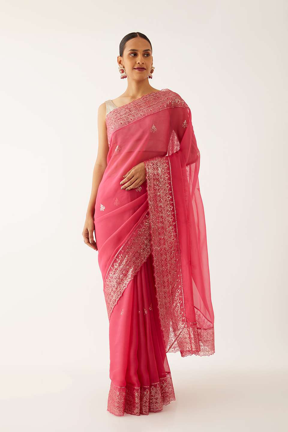 Dark Pink Viscose Organza Embroidered Saree