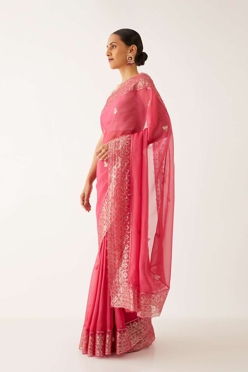 Dark Pink Viscose Organza Embroidered Saree image number null
