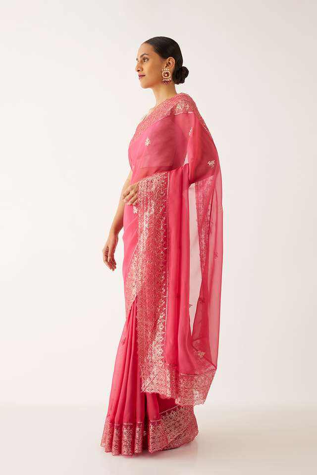 Dark Pink Viscose Organza Embroidered Saree thumbnail image number null