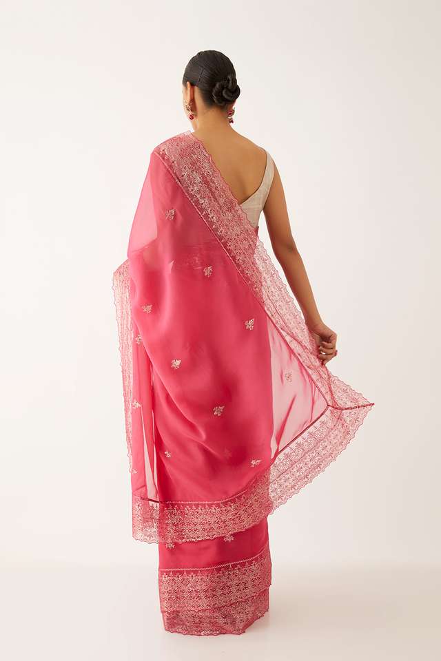 Dark Pink Viscose Organza Embroidered Saree thumbnail image number null