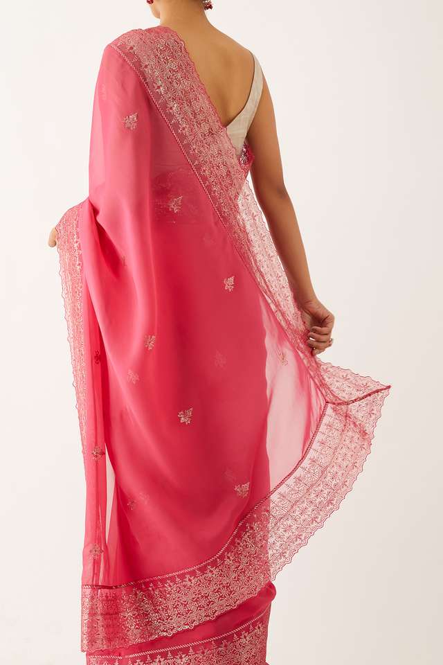 Dark Pink Viscose Organza Embroidered Saree thumbnail image number null